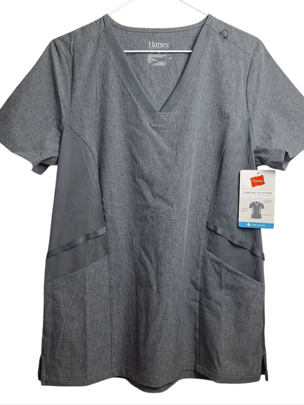 Hanes Comfort Fit Scrub Top Womans Size Small Gray V Neck Pockets Stretch New